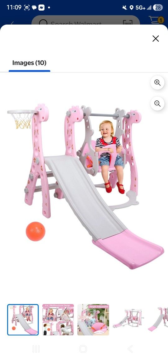 Mgaxyff 4 in 1 Slide Swing Set for Toddlers Age 1 to 5, Indoor Outdoor Kids Climber Playset with Long Slide, Swing, Climber, Ball & Basketball Hoop, P