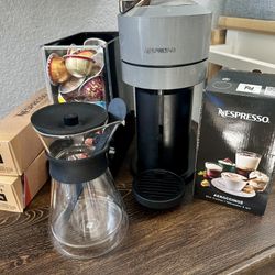 Nespresso Vertuo Next, Aeroccino3 Milk Frother , Carafe, and Various Coffee Pods $60
