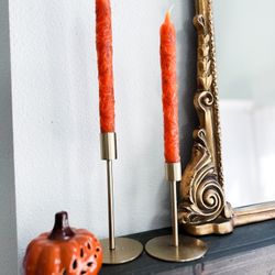 Set of 2 Autumn leaves carved pumpkin Thanksgiving taper candles
