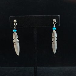 Native American Navajo Turquoise Sterling 925 Feather Earrings Melvin Vandever