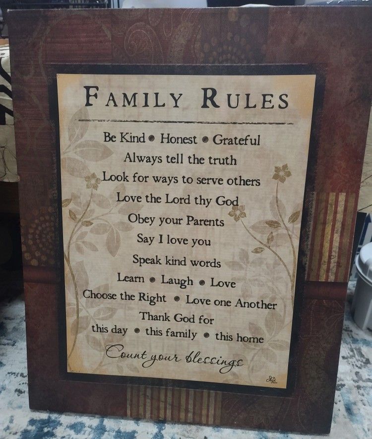 Family Rules Inspirational Wall Art 16"x20" – Count Your Blessings, Motivational Canvas Sign, Rustic Home Decor