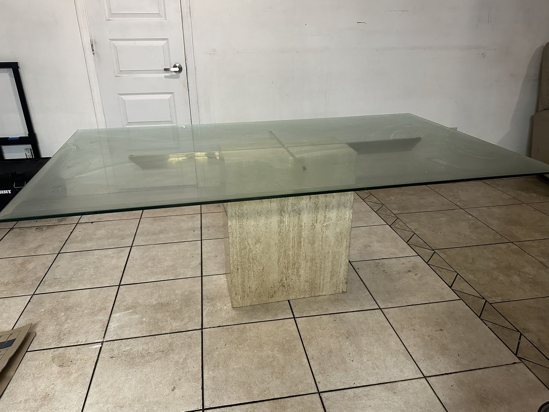 Italian Travertine Pedestal Glass Top Dining Table – Elegant Mid-Century Style