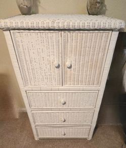 White Wicker Vintage Armoire Chest of Drawers