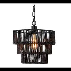 SEFINN FOUR Boho 1-Light Hand-Woven Rattan Round Pendant Black Chandelier