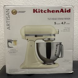 Brand New KitchenAid Artisan Series 5-Quart Tilt-Head Stand Mixer, Almond Cream with Flat Beater, Dough Hook, Whip