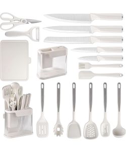 17pcs Kitchen Utensils Set with Sharp Stainless Steel Knives and Scissors Durable Silicone Cooking U