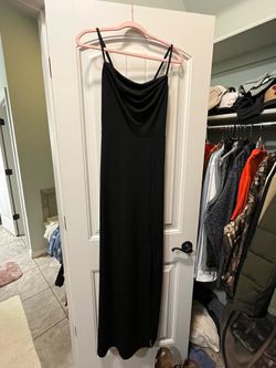 Black bridesmaid dress with cowl neck and spaghetti straps and left side slit