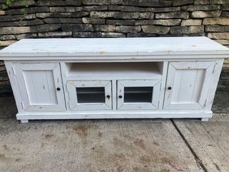 Distressed antique white wooden buffet media console in modern farmhouse style- priced to sell fast!