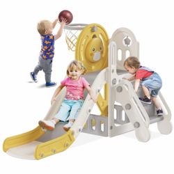5 in 1 Toddler Slide, Baby Slide for Toddlers Age 1-3 with Basketball Hoop, Indoor Outdoor Backyard Playground Cute Duck Theme Playset Yellow