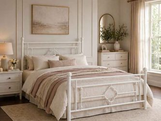 Full bed Metal Platform Bed Frame with Victorian Iron-Art Tall Headboard and Footboard, Mattress Fo