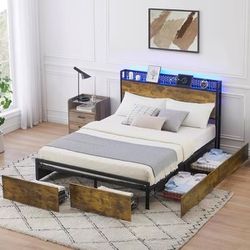 LED Bed Frame with Storage Headboard, USB Ports, 6 Drawers - Full