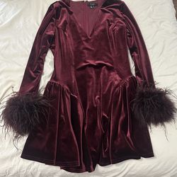 Port Velvet Plunge-Neck Feather Trim Mini Dress