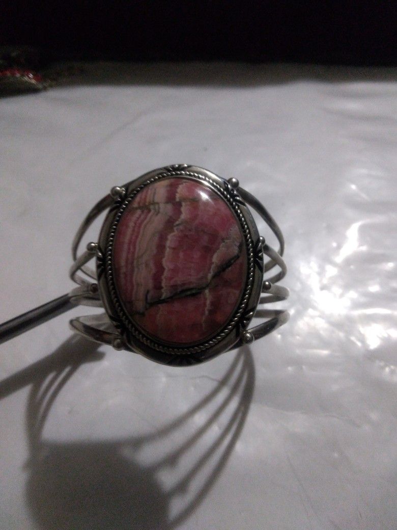 Vintage Rhodochrosite 925 Silver Cuff Bracelet Over The Shaped Stone In The Center 2 By 1 1/2 Used