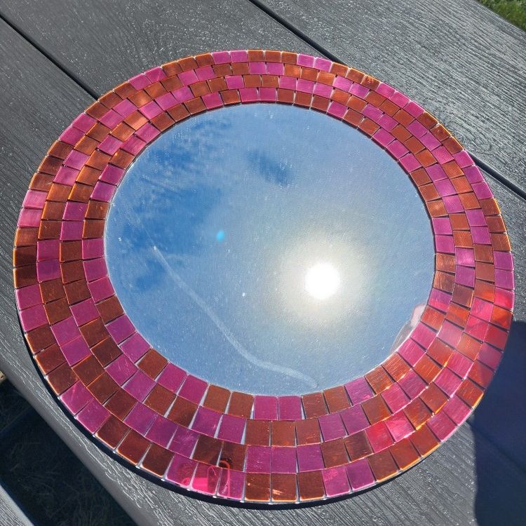 Vintage Ikea Tranby Round Mosaic Mirror Red Orange for Sale in
