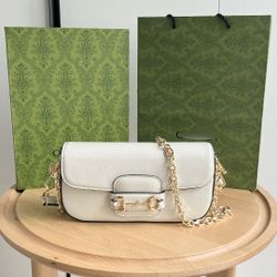 White-colored horse-bit closure bag with a gold chain, exuding a light, luxurious, vintage feel. Dimensions: 24✖️13.5✖️7.5cm

