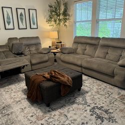 2 Pieces - Electric High Back Grey/Brown Power Reclining Couch Sofa And Power Reclining Loveseat - credit card accepted