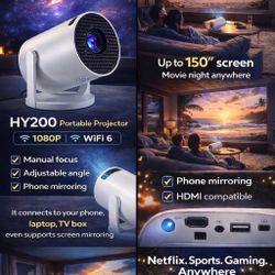 HY200 Portable Projector 1080P HD Mini WiFi 6 Home Theater 150” Screen HDMI Phone Mirroring