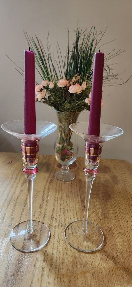 Pier 1 L'Amour Love Heart Glass Taper Candle Holders with Partylite Taper Candle