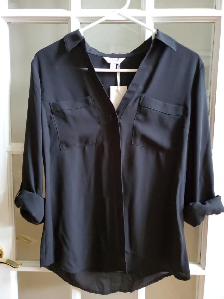 Candies Blouse Top NWT Black Semi-Sheer Button Up Roll Tab Sleeves Black Sz Small