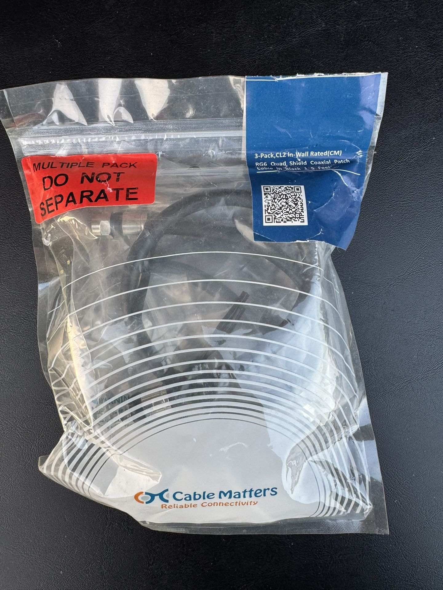 NEW! 3-Pack CL2 In Wall Quad Shielded RG6 Coaxial Patch Cable