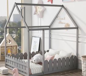House Bed for Kids Wood Playhouse Bed Frame with Fence for Living Room Bedroom