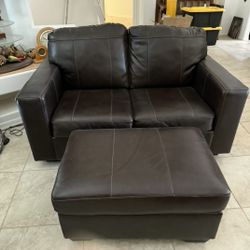 Brown Leather Love Seat And Ottoman 