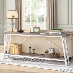 Behind Sofa 70.9 Inch Extra Long Sofa Table, Industrial Entryway Console Table for Hallway, Entryway, Living Room, Light Gray and White