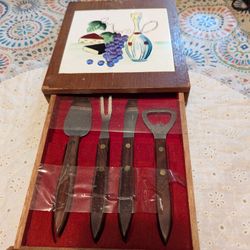 Vintage MCM Ceramic & Teak Cheese Plate Hors d'oeuvres Charcuterie Set, With Cutlery, 1960s Made In Japan