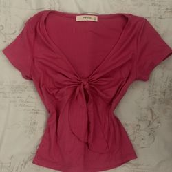 Pink magenta ribbed tie-front short-sleeve top