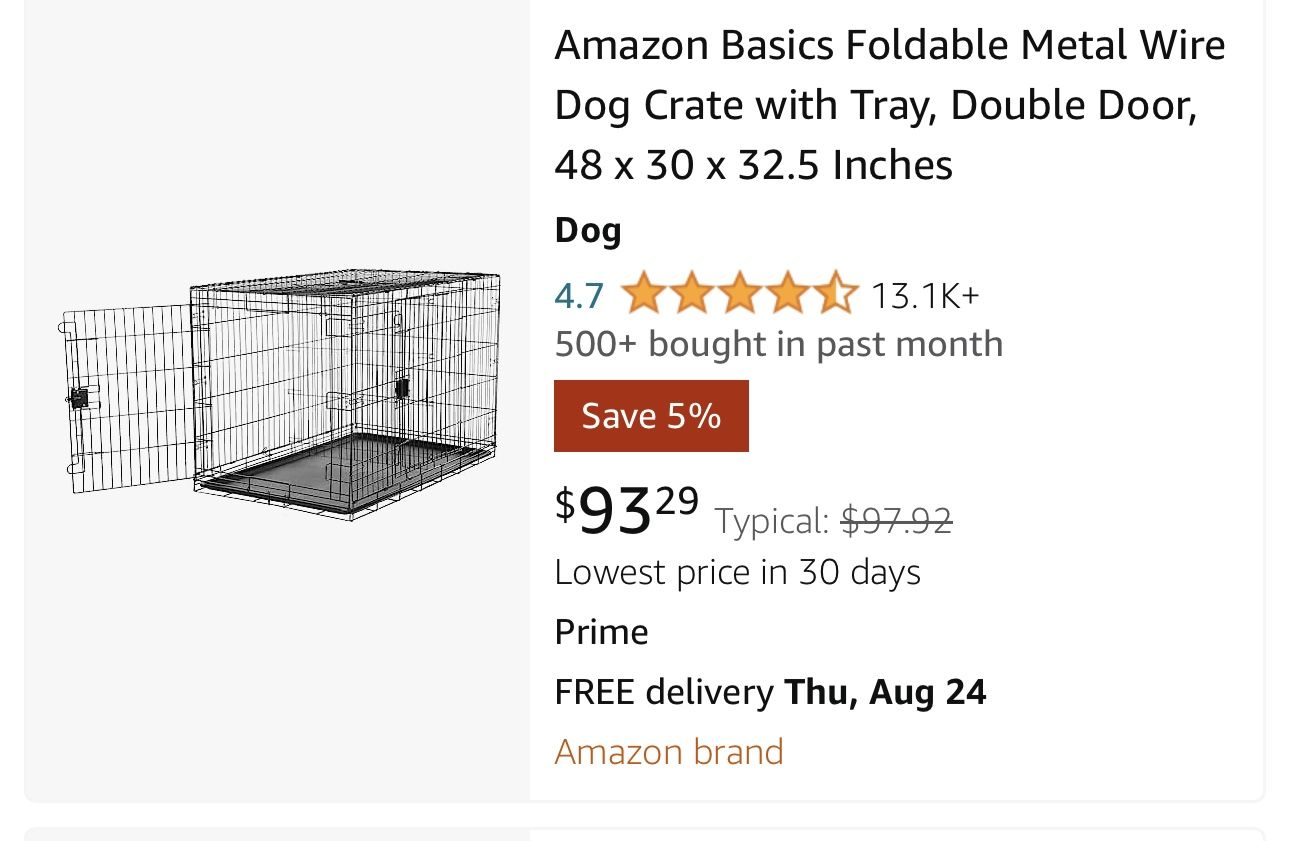 Dog crate 48x30x32 Double Door And Tray- Large