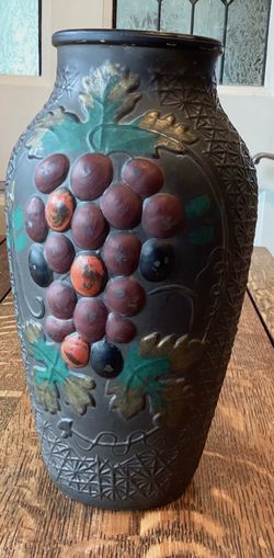 Antique 1920s Hand Painted Goofus Glass, Grapes, Vase