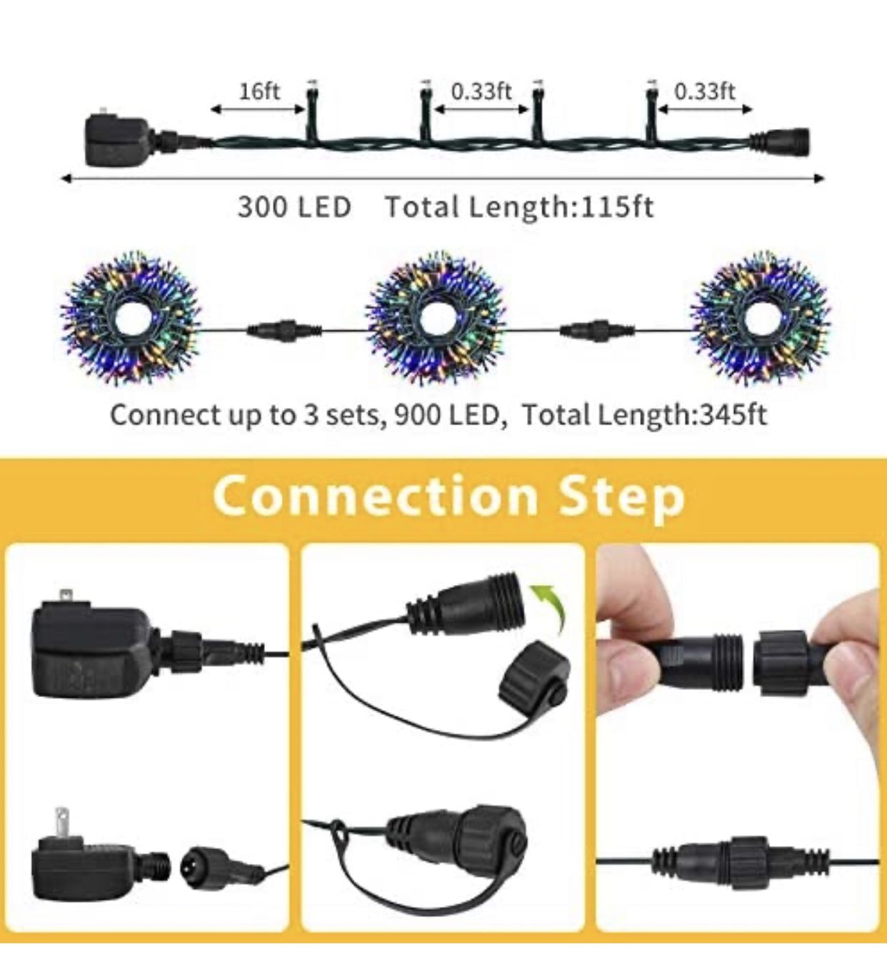 Waterproof LED Outdoor Christmas String Lights, LED UL Certified 8 Modes with End-to-End Plug, Indoor & Outside Fairy Light for Christmas Tree, Patio,