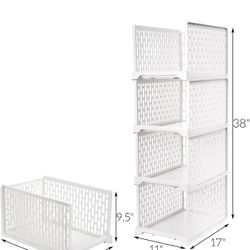 4 Pack 38" Stackable Plastic Storage Basket, Plastic Foldable Closet Organizer Storage Bins, Wardrobe Storage Box Clothes Drawer Shelf Container for C