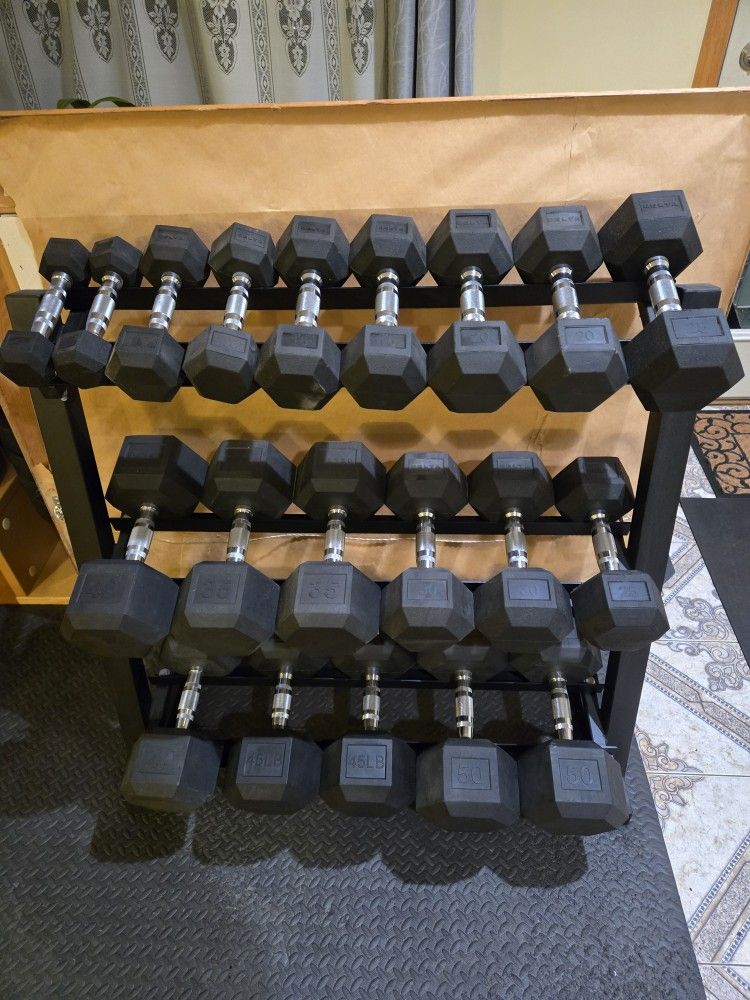 Open Box 5lb Thru 50lb Rubber Hex Dumbbell Set With Rack 