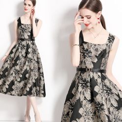 Runway Fashion  Jacquard Belted Retro Style Women's Dress, Party, Wedding Guest, Prom Vestidos