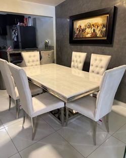 Marble Top Dining Table Set with 6 Chairs