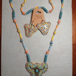 Handmade Beaded Medallion And Earrings