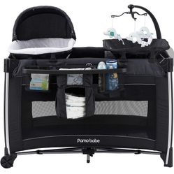 Pamo Babe 4 in 1 Portable Baby Crib Deluxe Nursery Center, Foldable Travel Playard with Bassinet, Mattress, Changing Table for Newborn, Infant, Toddle