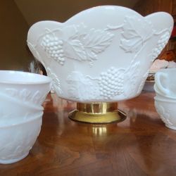 1950s Milk Glass Punch Bowl and 9 cups