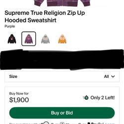 Supreme Collaboration w/ True Religion Purple Zip up hooded sweatshirt Limited edition