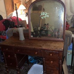 Wood Desk With Mirror Maybe Oak 