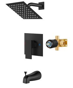 8 inches Square Rainfall Shower Faucet Set with Tub Spout, Matte Black