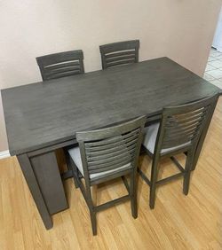 5-PC AESTHETIC HIGH TOP GRAY FINISH DINING SET (TABLE WITH SIDE SHELVES AND 4 PADDED  CHAIRS)