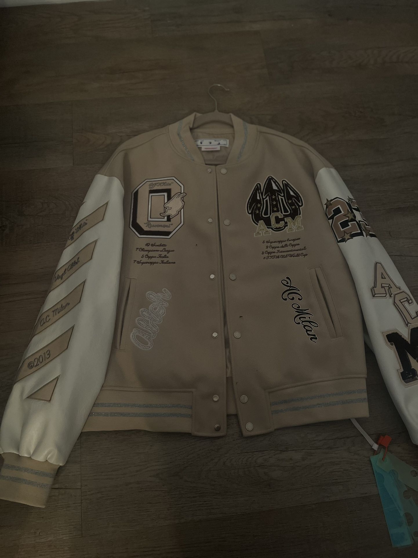 off white varsity jacket tan and white