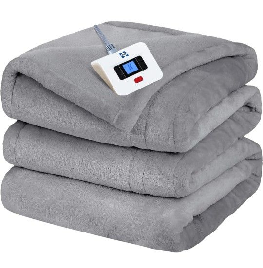 Sealy Electric Blanket Full Size, Flannel Heated Blanket with 10 Heating Levels & 1-12 Hours Auto Shut Off, Machine Washable, Light Grey, 80 x 84 Inch