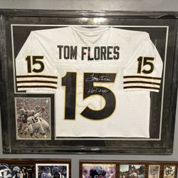 Tom Flores Signed And Framed Jersey White Old School photo Of Him Signing It