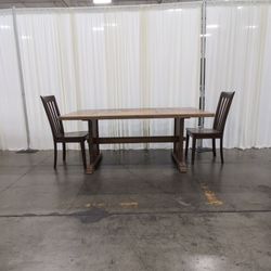 Wood Trestle Dining Table and Two Slat-Back Chairs