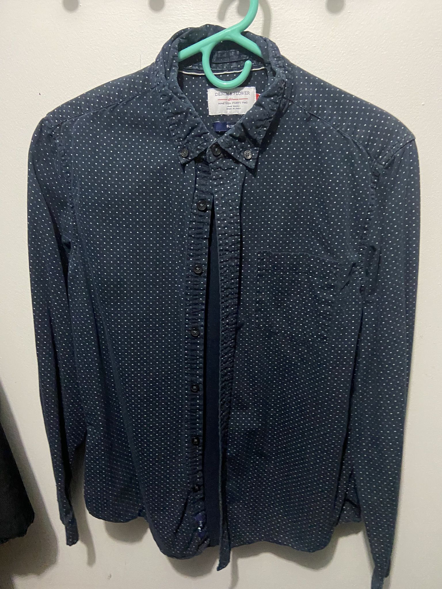 Denim & Flower Slim Fit Black Casual Button Down Men's Dress Shirt Sz M