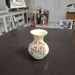 Vintage Small Porcelain Vase Gold Trim With Applied Pink Porcelain Roses Tipped In Gold W/Blue Ribbon 4.25"H X 3.25"W