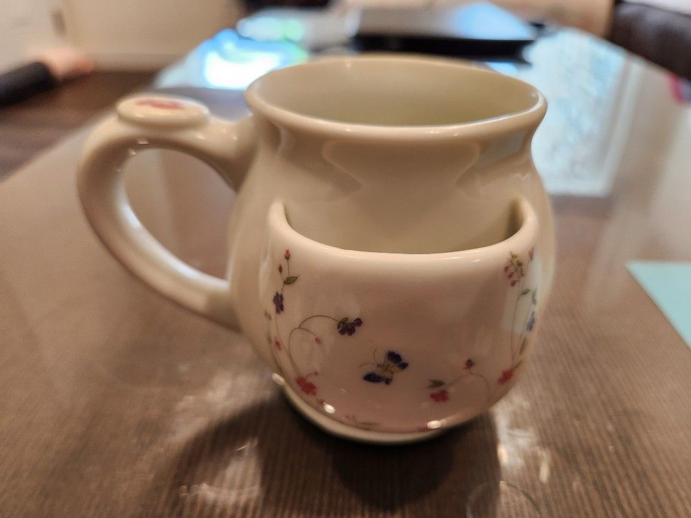 Vintage Ceramic Butterfly and Floral Tea Cup with Bag Holder, 8 oz, Thumb Rest